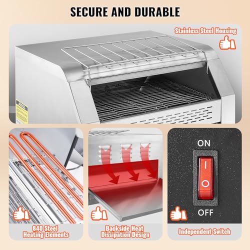 Image of VEVOR 1770W Commercial Conveyor Toaster, 450 Slices per Hour, Heavy Duty Electric Toaster Oven, Food-Grade 304 Stainless Steel Conveyor Belt, Dual Knob Control, for Restaurant Bakery Bread Bagel Bun