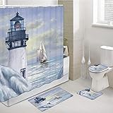 Jipusai 4PCS Set Coastal Lighthouse Shower Curtain,Blue Ocean Sailboat Nautical Shower Curtain Sets for Bathroom Bathtub Decor Accessories with Non-Slip Rugs, Toilet Lid Cover and Bath Mat