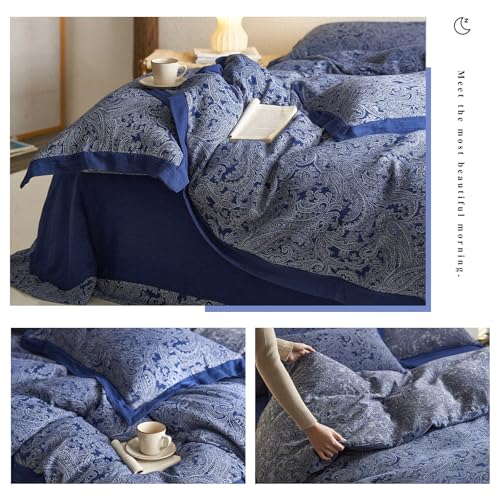 VM VOUGEMARKET Navy Blue Duvet Cover Queen,3 Pieces Retro Boho Paisley Bedding Set,Linen Cotton Yarn-Dyed Textured Duvet Cover with Zipper Closure