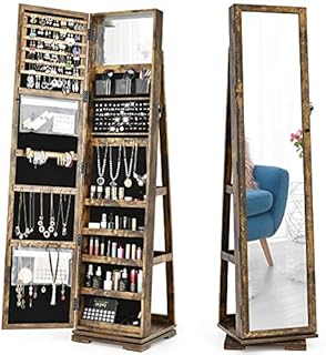 CASART Jewellery Cabinet, 3 in 1 Standing Jewelry Armoire with Full-Length Mirror and Storage Shelf, Lockable Jewellery Organiser for Earring Ring Necklace Cosmetics (360° Swivel Rustic Brown)