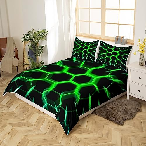 Homewish Honeycomb Bedding Set Black Green 3D Geometric Beehive Hexagon Duvet Cover King Gamer Room Decor for Boys Men Teen,Neon Light Geometrical Honeycomb Comforter Cover Glowing Hexagonal Bed Set… - Image 3
