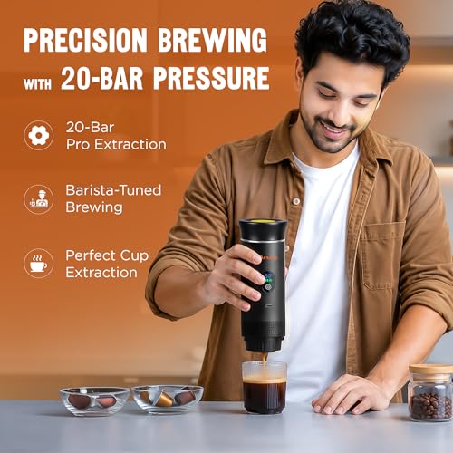 Image of 3 in 1 Portable Electric Espresso Machine, Hot & Cold Cofee Maker, Brewer Compatible with Ground Coffee & NS Capsules | Perfect for Home, Office & Camping (Black with LCD Screen) (BLACK)
