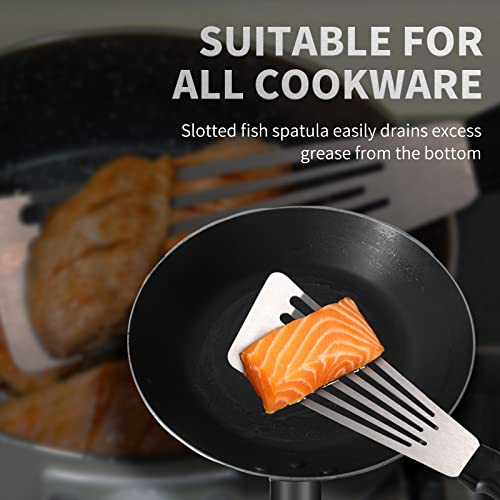 2Pcs Fish Spatula, Broppiey Heavy Duty Stainless Steel Metal Spatulas For Cast Iron Skillet, Griddle, Flat Top Grill, Slotted Fish Turner Spatula Can Flipper Egg Pancake Hamburger, Hanging Hole Black #TOP1