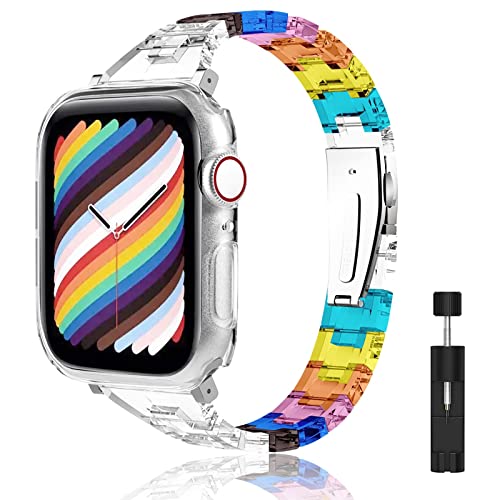 TEFLOTY Bracelet Compatible avec Apple Watch Bracelet Montre en Acrylique, Smartwatch Arc en Ciel Band de Remplacement avec iWatch SE Series 7 6 5 4 3 2 1, 38mm/40mm/41mm, Femme Homme Cover