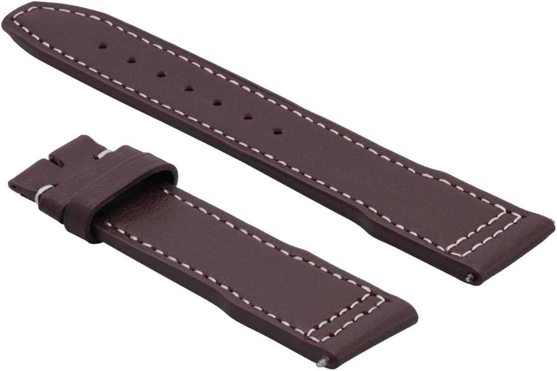 Ewatchparts 22mm Calf Leather Band Strap Compatible With IWC Pilot Watch Deployment Clasp Brown With White Stitching