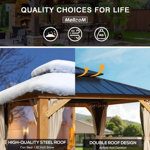 Mellcom 13' X 11' Hardtop Cedar Wood Gazebo For Patios, Outdoor Cedar Framed Gazebo With Double Metal Roof, Solid Wooden Framed Gazebo With Privacy Curtains And Mosquito Nettings For Garden, Backyard #TOP2