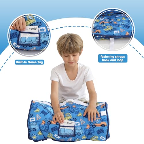 Image of Viviland Toddler Kid Nap Mat for Preschool, Boys Blue Car Slumber Bag, Daycare Bag with Pillow and Blanket, Kindergarten Mat