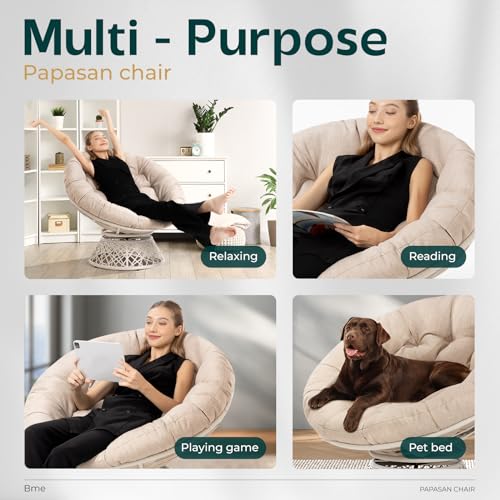 Image of Bme Ergonomic Wicker Papasan Chair with Soft Thick Density Fabric Cushion, High Capacity Steel Frame, 360 Degree Swivel for Living, Bedroom, Reading Room, Lounge, Sepia Sand - White Base