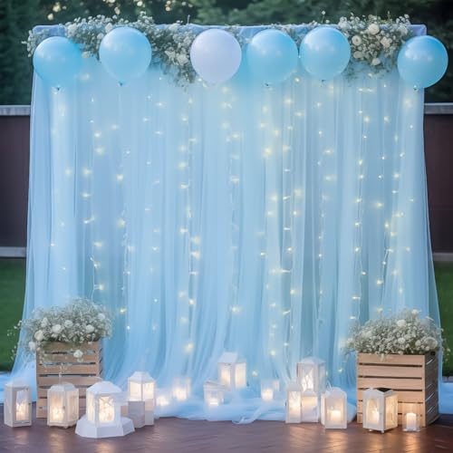 10ft x 8ft Blue Backdrop Curtain with Lights String for Parties, Sheer Tulle Wedding Photo Backdrops Drapes for Baby Shower Birthday Party Decorations Background for Photography
