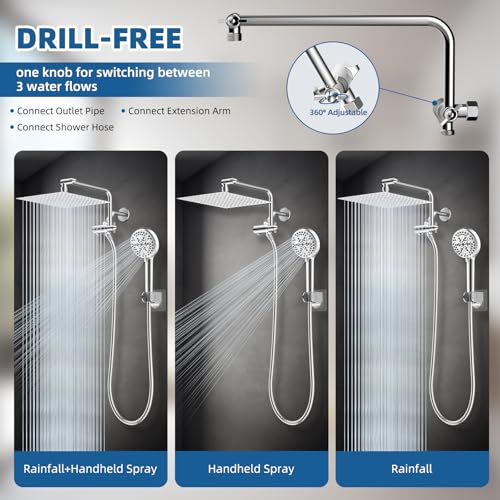Image of 12 inch Metal Rainfall Shower Head with 10-Mode Handheld, Chrome