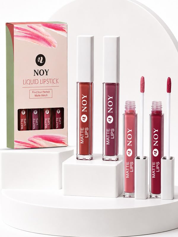 Image of Noy Lipstick For Dusky Skin Tone Bold Matte Color That Lasts All Day - Cherry Nude, Nude Pink, Tan Nude, Red Wine Shades Pack of 4
