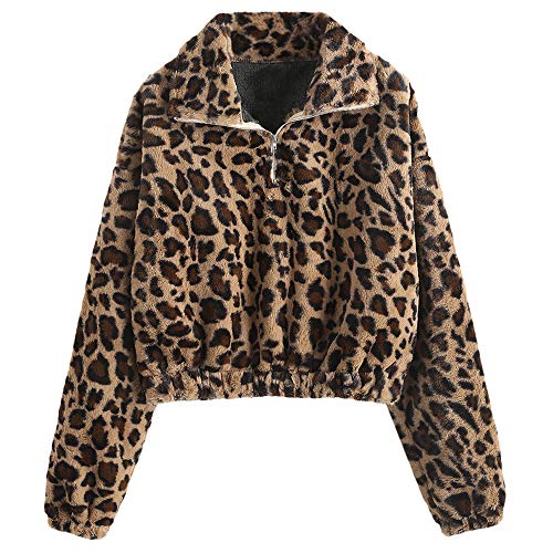 ZAFUL Women's Fashion Long Sleeve Lapel Half Zip Plain Faux Fur Sweatshirt Solid Color Crop Pullover Tops (S, Leopard)
