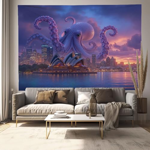 Tapiz de pared grande de 230X150cm con diseño de pulpo morado para cubrir tu colcha
