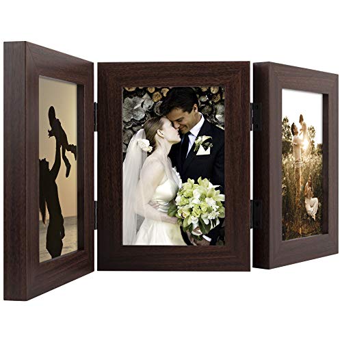 Golden State Art, 4X6 Three Picture Frame Trifold Hinged Photo Frame With 3 Openings, Desk Top Family Picture Collage, With Real Glass (4X6 Triple, Brown, 2-Pack) #TOP2