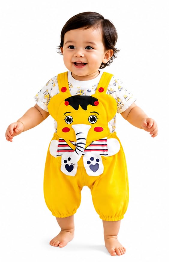 Mommy Club Baby Boy’s & Baby Girl’s Jumbo The Elephant Dungaree For 0-6Months Baby || Dress Clothes For Baby Boy And Baby Girl (Yellow, 0-9 Months)