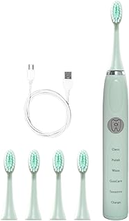 Cepillo eléctrico USB, cepillo eléctrico con 5 cabezales de cepillo con cepillo de dientes, 5 modos de limpieza, temporizador inteligente de 20 velocidades IPX7, color verde