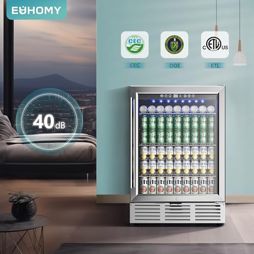 EUHOMY 24 Inch Beverage Refrigerator, 180 Can Built-in Beverage Cooler, Under Counter Beer Fridge with Glass Door for Soda, Water, Wine - For Kitchen, Bar or Office