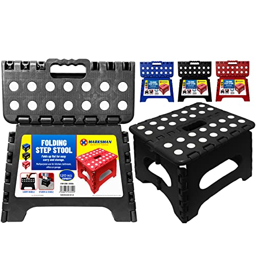 MARKSMAN FOLDING STEP STOOL 120 KG Multipurpose Home Kitchen School Office Bathroom Garage Foldable Carry Handle DIY Fold Up Portable Kids Adults Reach Support Construction Workers Aid