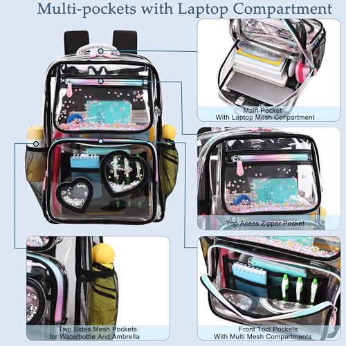 Clear Backpack for Kids Teens Girls Women Heavy Duty See Through Backpacks Cute Elementary Middle High School Bag TPU Transparent Bookbag for College, Work, Stadium Events, Security Travel-Black3