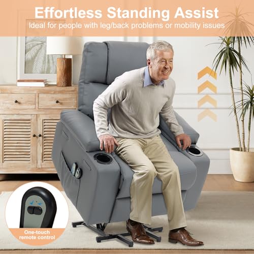 Image of Power Lift Recliner Sofa Chair, Electric Stand Assit for Elderly People, Faux Leather Reclining Chair with Cup Holders, Massage & Heat Functions, Living Room or Bedroom Furniture for Resting, Gray