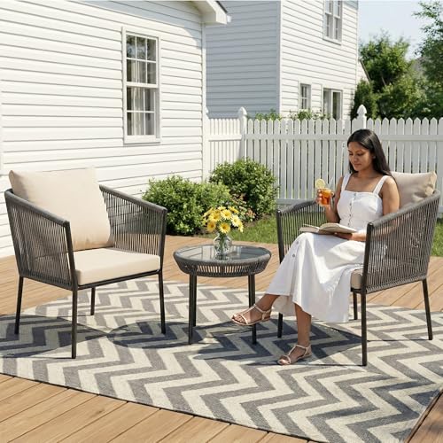 Image of OUTLIVING Braid & Rope 2 Seater Garden Patio Seating Chair and Table Set Outdoor Balcony Garden Coffee Table Set Furniture with 1 Table and 2 Chairs Set with Cushion (Grey)
