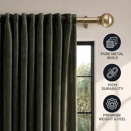 Image of Deco Window Adjustable Curtain Rod for Windows 44 to 120 Inch (Pack of 1) Extendable Heavy Duty 1 Inch Iron Ball with Finials Wall Mounted Curtain Rods (Warm Gold)