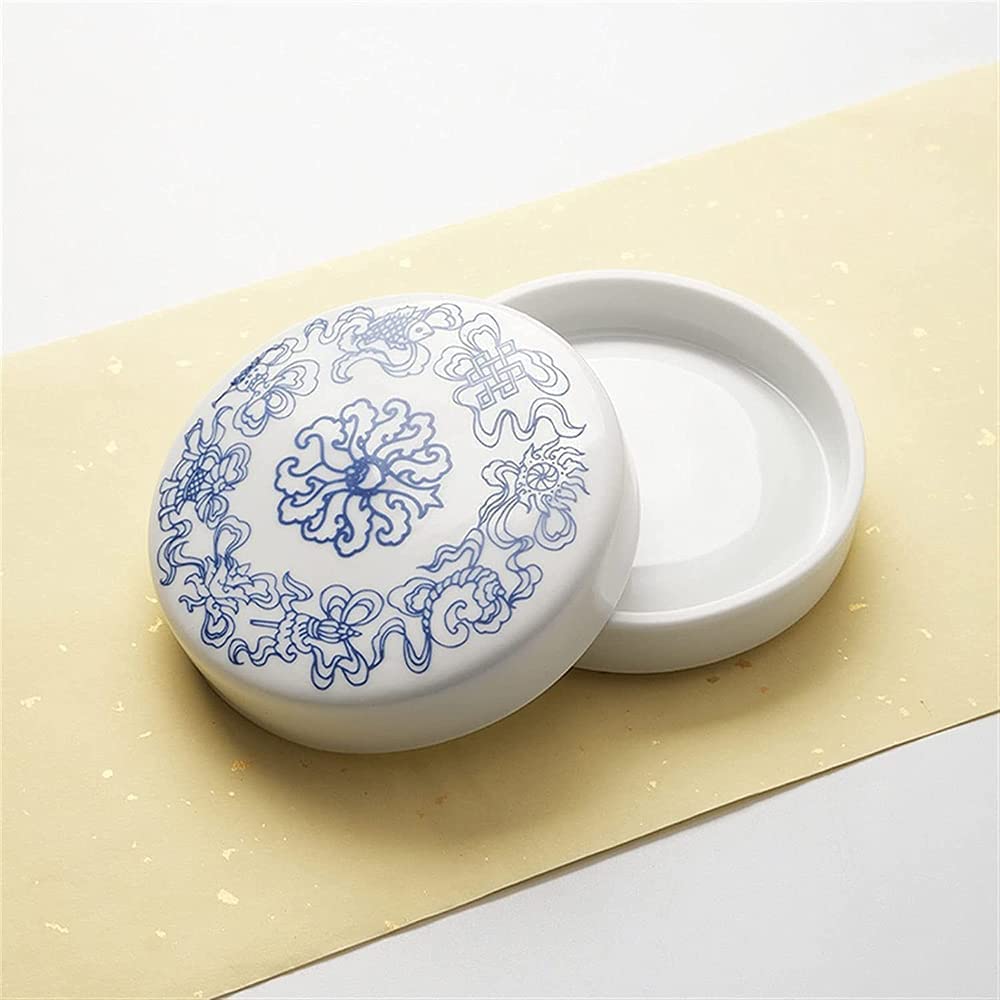 Paleta, pięciowarstwowa ceramiczna paleta kolorów niebieski i biały niebieski smok wielowarstwowy chiński obraz Pigment Disc z pokrywką Box Inkstone
