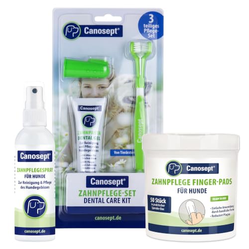 Canosept Zahnpflege Set: Zahnpflege Hund (3-teiliges Set) + Zahnpflege Finger-Pads für Hunde 50 Stück + Zahnpflegespray für Hunde 100ml - Zahnpflege zur Zahnreinigung, Zahnpflege Hund
