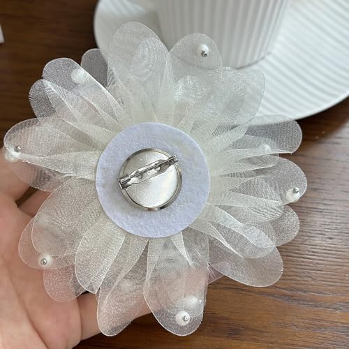 Image of Large Silk Camellia Flower Lapel Brooch Pin for Women Girls Handmade Fabric Rose Flower Floral Feather Faux Pearl Brooches Pins Dainty for Wedding Party Dance Suit Dress Accessories Jewelry Gifts