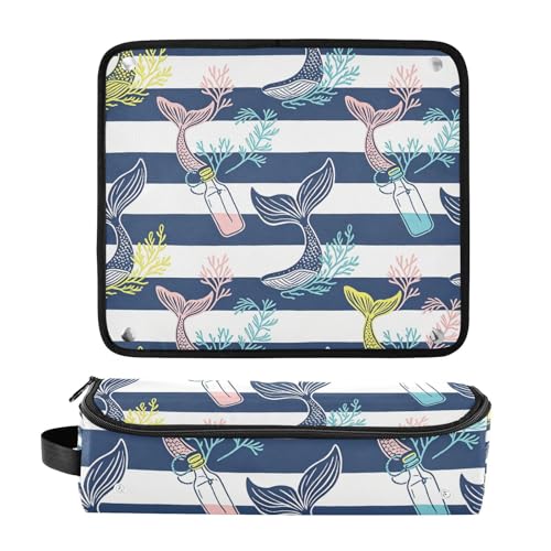 Bolsa de viaje para herramientas de cabello con tapete resistente al calor, organizador removible para planchas y rizadores, diseño azul rayas miniatura 3