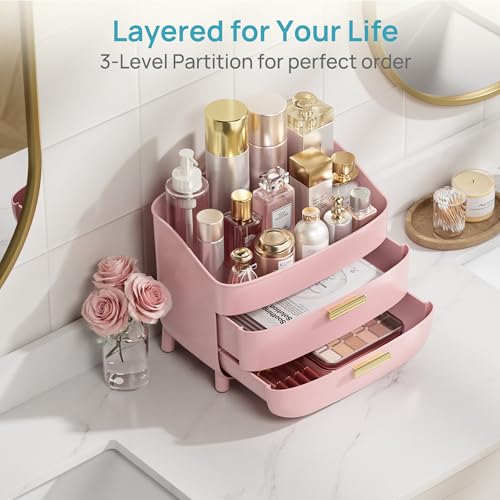 Image of Vtopmart 3-Tier Skincare Makeup Organizer with Drawers for Vanity and Bathroom Countertop, Large Cosmetic Storage Box Case for Dresser, with Non-Slip Base, Pink