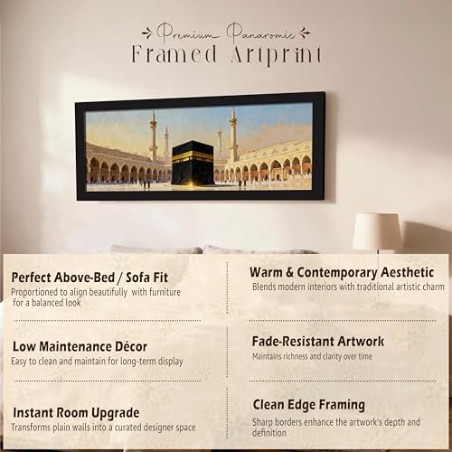 Image of PAINTINGMANTRA Makka Madina Kaaba Islamic Arabic Wall Art Framed Luxury Paintings for Home Decoration, Living room, Bedroom and Office Decoration (99x38 CM)