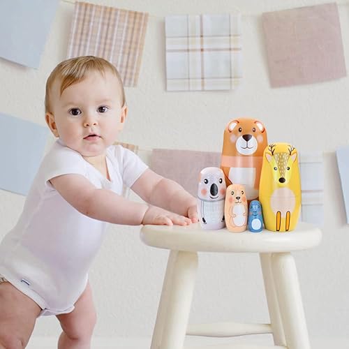 Miniatura 7 de Winterworm Juego de 5 muñecas de anidación de animales Matryoshka Oso, jirafa, koala, conejo, rana, muñecas de anidación rusas, juguetes apilables,