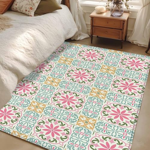 2.7 x 5 Ft Area Rug for Bathroom, Pink Green