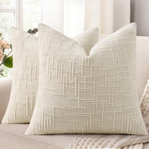 decorUhome Textured Chenille Throw Pillow Covers 16x16 Set of 2 Light Cream