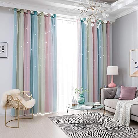 Stars Blackout Curtains for Girls Bedroom 1 Panel Colorful Star Cutout Double Layer Star Window Curtain Decor for Kids Bedroom, Living Room, Nursery Room (Blush Pink, W53" x L63") Cover