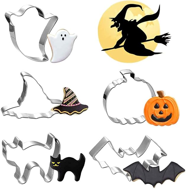 5 Pcs Halloween Cookie Cutters Shapes Set, FUKPO Stainless Steel Halloween Sandwich Cutters Biscuits Pumpkin Cutter Mini, Witch's Hat Bat Cat Ghost Cookie Cutter Children Fondant Baking Molds Kit
