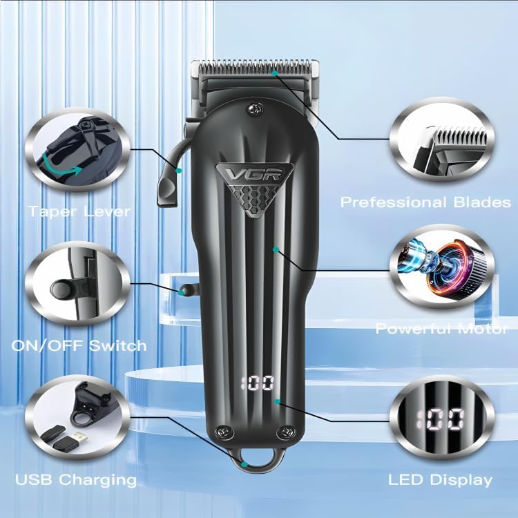 VGR V-282 Hair Clipper with labeled parts: Taper Lever, ON/OFF Switch, USB Charging port, Professional Blades, Powerful Motor, LED Display.