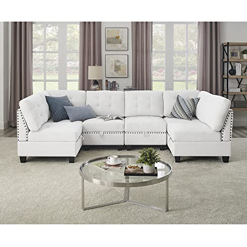 Modular Sectional Sofa，DIY Combination，Includes Four Single Chair and Two Corner，Ivory