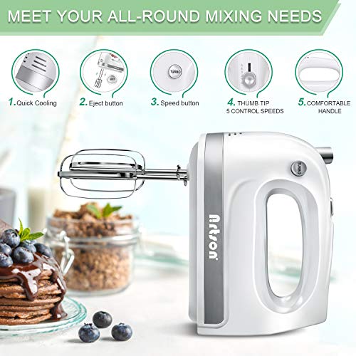 Nrtson Hand Mixer Electric, Handheld Kitchen Mixers with 5 Stainless Steel Attachments, 5-Speed Max 400W Powerful Turbo for Baking Cake Egg Cream Food Beater - Thumbnail 2