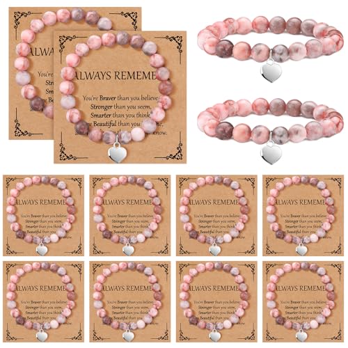 12 Pieces Inspirational Natural Stone Gifts Sweet Heart Beaded Bracelets with Cards Gifts