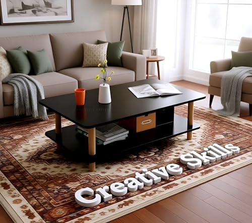 Image of Coffee Table - Rectangle Center Table for Living Room | Engineered Wood Tea Table with Storage | Stylish Teapoy Table for Hall, Lounge, and Office (Black)