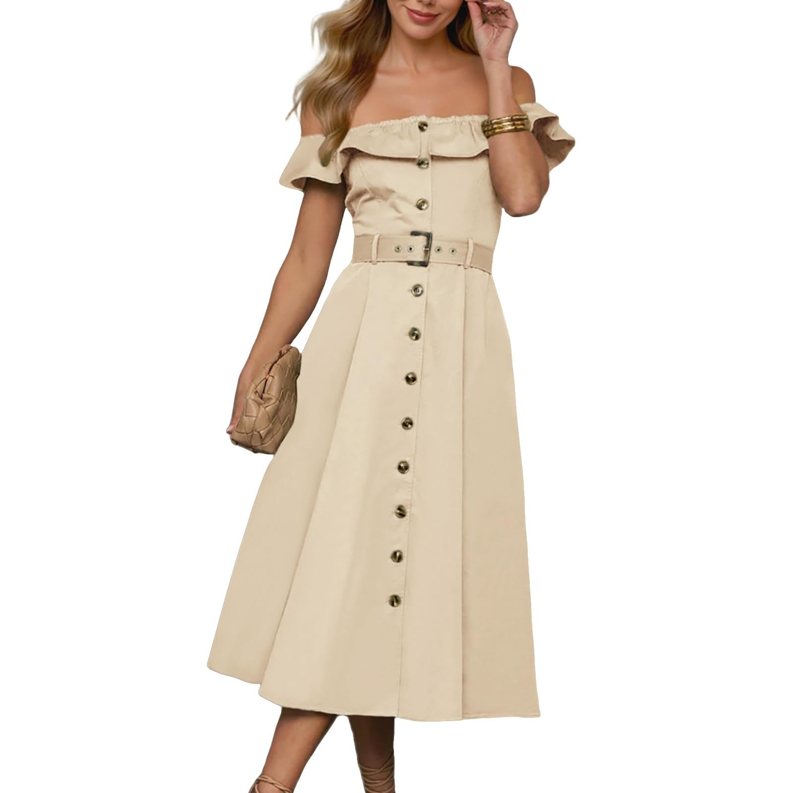 Sukienka damska elegancka letnia sukienka retro z jednym ramieniem wąska falbanka pasek na guziki A-line-morela-m