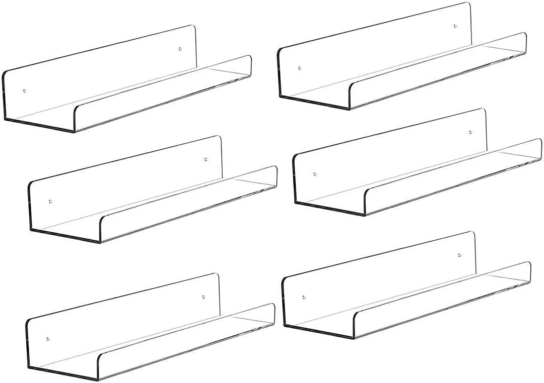 KLGO 15 Inch Invisible Acrylic Floating Wall Ledge Shelf,Wall Mounted Nursery Kids Bookshelf, Invisible Spice Rack, Clear 5MM Thick Bathroom Storage Shelves Display Organizer, 5" Wide,Set of 6
