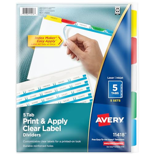 Avery 5 Tab Dividers for 3 Ring Binder, Easy Print & Apply Clear Label Strip, Index Maker Customizable Multicolor Tabs, 5 Sets (11418)