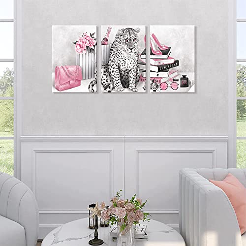 Visual Art Decor Pink Wall Decor Glam Fashion Room Decor Leopard Cheetah Decor Painting Bedroom Wall Decor For Women Framed Canvas Prints Ready To Hang 16Inx20Inx3Pieces #TOP3