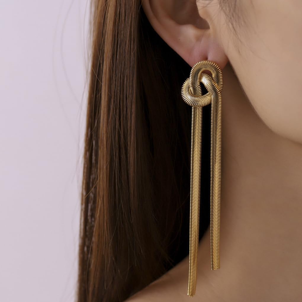 14K Gold Bow Tassel Dangle Drop Earrings, Dainty Knot Snake Bone Chain Statement Ribbon Dangling Earrings, Simple Daily Prom Jewelry Gifts - Image 4