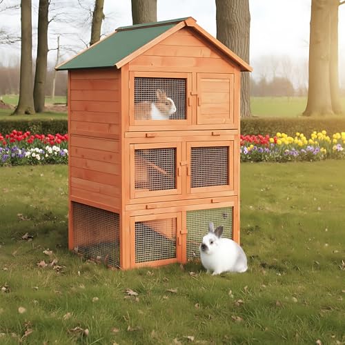 zooprinz 3-stöckiger Hasenstall Jumbo – aus Premium Vollholz ideal für draußen – großer Kaninchenstall Kleintierstall mit natürlicher Farbe gestrichen – Besonders einfach und schnell zu reinigen