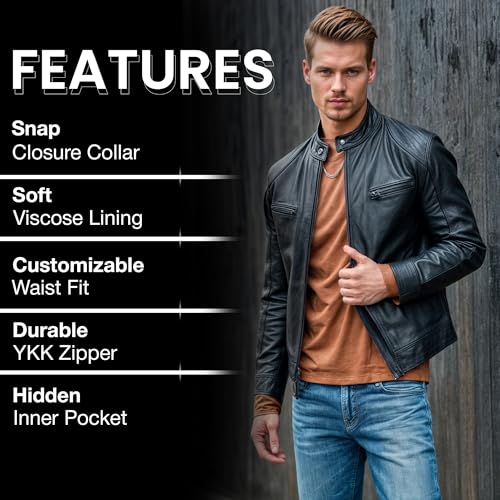 Real Lambskin Leather Jacket Men - Biker Style Zip Up Mens Motorcycle Jackets Outerwear3