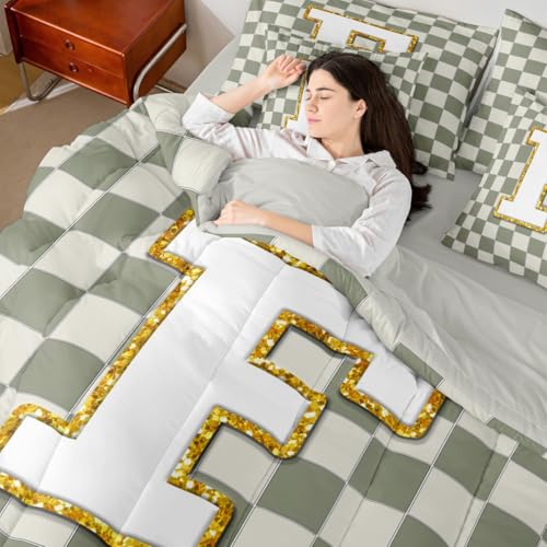 Image of Erosebridal Sage Green Checkered Full Bedding Set 7 Piece Plaid Initial F Bed in A Bag with Sheets Personalized Monogram Comforter Set for Kids Adults,Fashion Grids Gingham Bed Sets